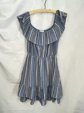 Everly Dress Small Ruffled Layerd Off Shoulder Blue Striped Gauze Beach Coastal